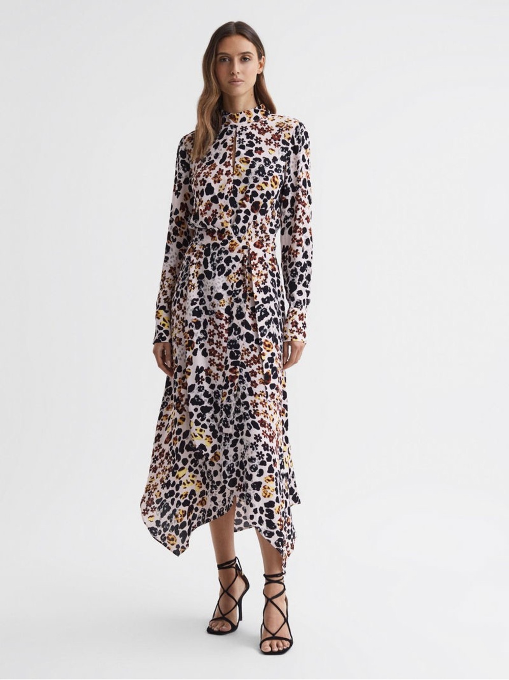 Reiss Lira Animal Print Midi Dress Nude Black Size 2